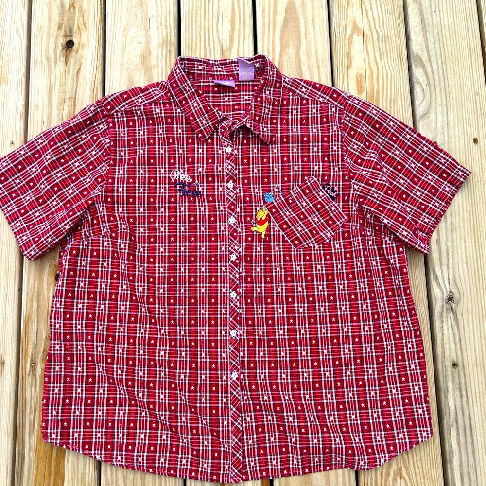 Vintage Winnie Pooh Embroidered Shirt 22w/24w Button Up Bee Free Red‎ Plaid